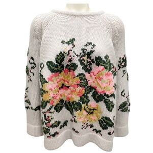 LAMBERTO LOSANI LIGHT GREY MULTI FLORAL CASHMERE KNIT PULLOVER SWEATER